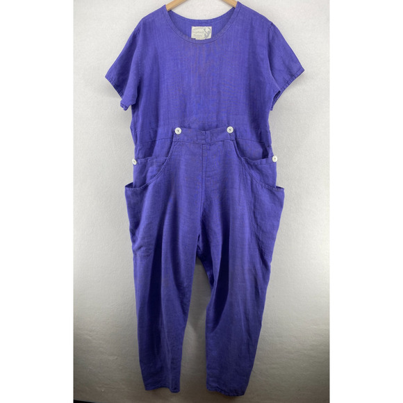 ANGELHEART DESIGNS Outfit M Linen Boxy Top & Tapered Pants 2 Pieces Blue USA VTG - Picture 1 of 16